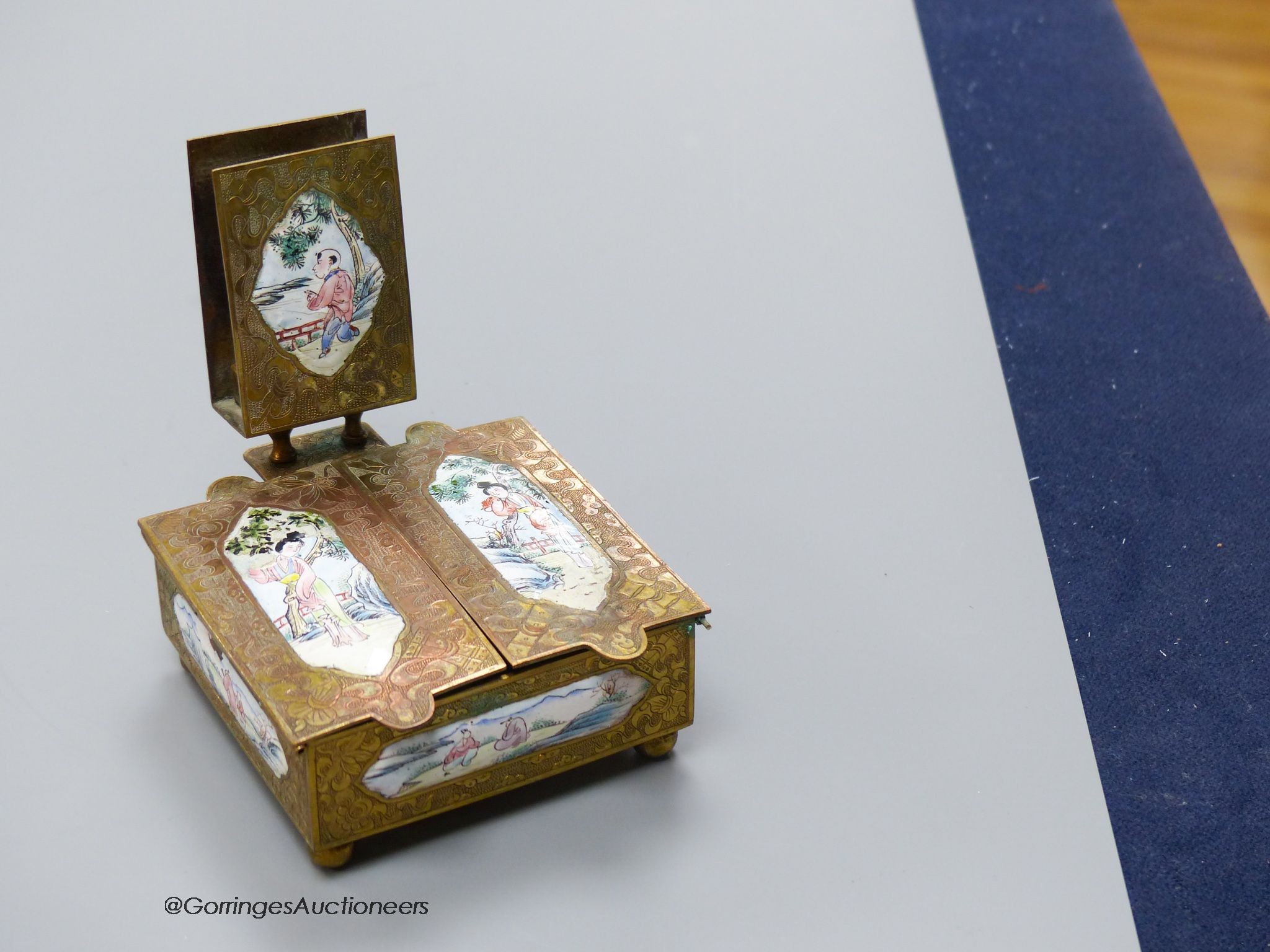 An early 20th century Chinese brass and enamel cigarette box and matchbox holder, 9 x 9cm